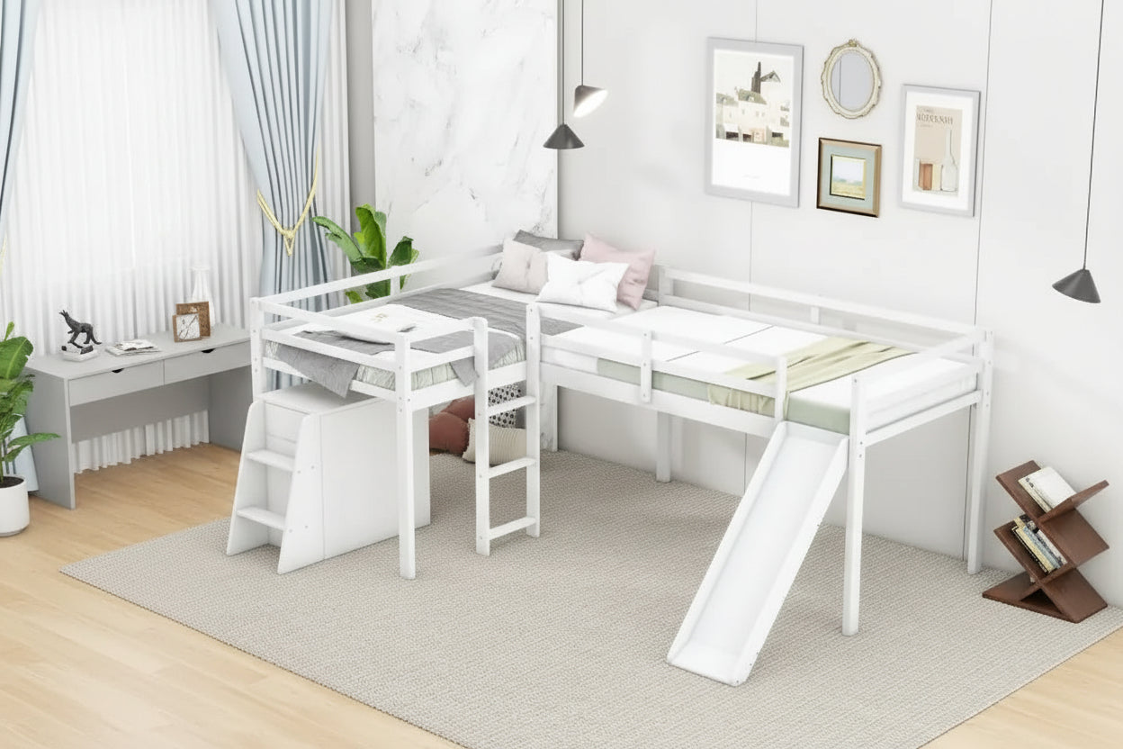 Twin Solid Pine L-Shaped Loft Bed with Slide