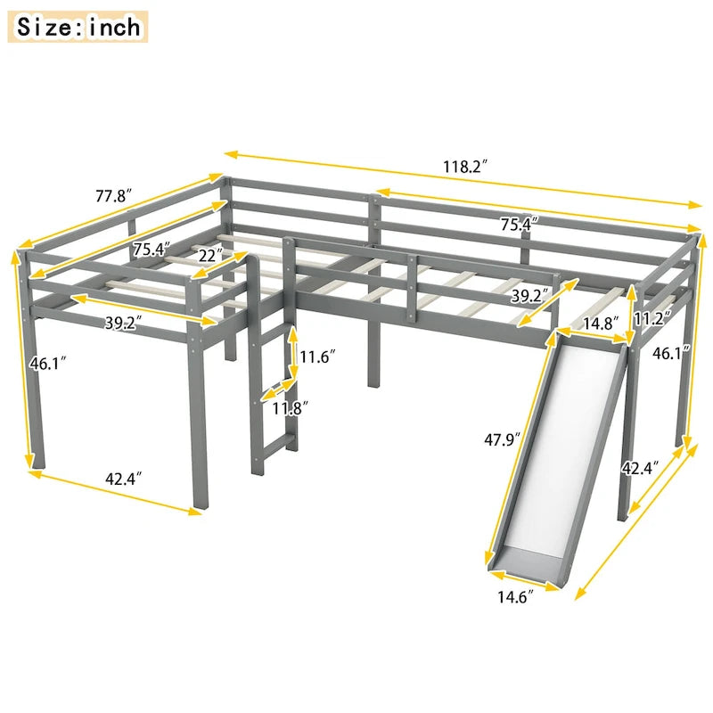 Twin Solid Pine L-Shaped Loft Bed with Slide