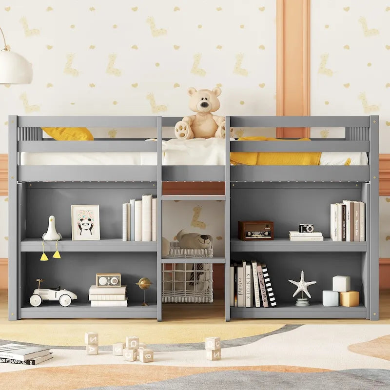Grey Twin Size Wood Low Loft Bed with Shelves and LED Light