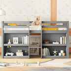 Grey Twin Size Wood Low Loft Bed with Shelves and LED Light