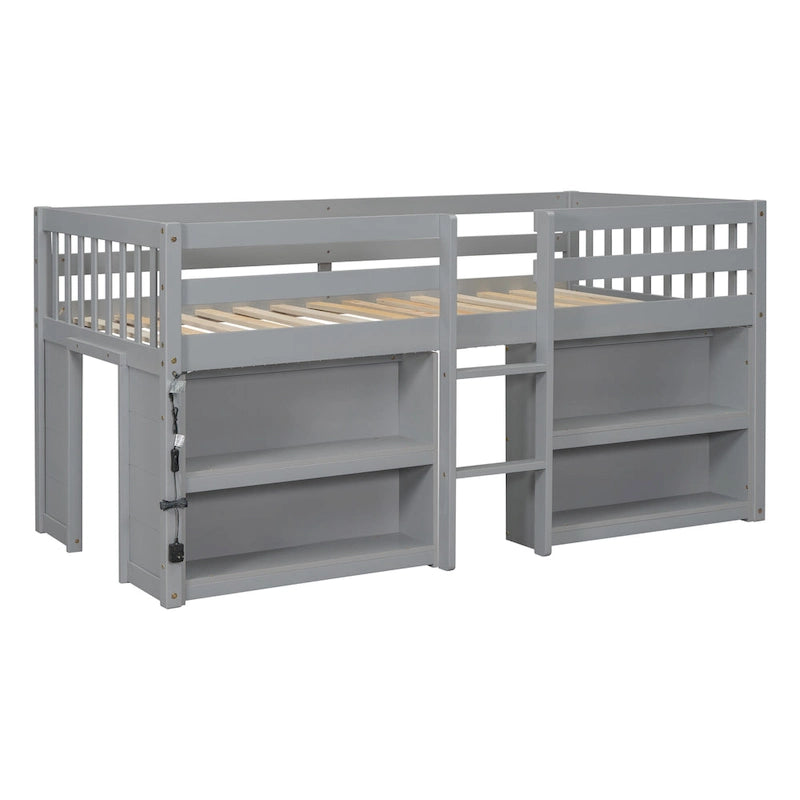 Grey Twin Size Wood Low Loft Bed with Shelves and LED Light
