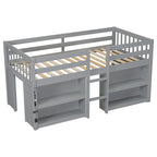 Grey Twin Size Wood Low Loft Bed with Shelves and LED Light