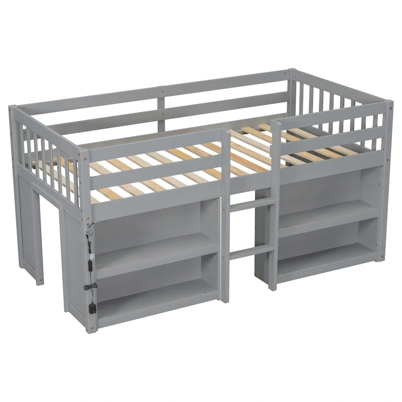 Grey Twin Size Wood Low Loft Bed with Shelves and LED Light