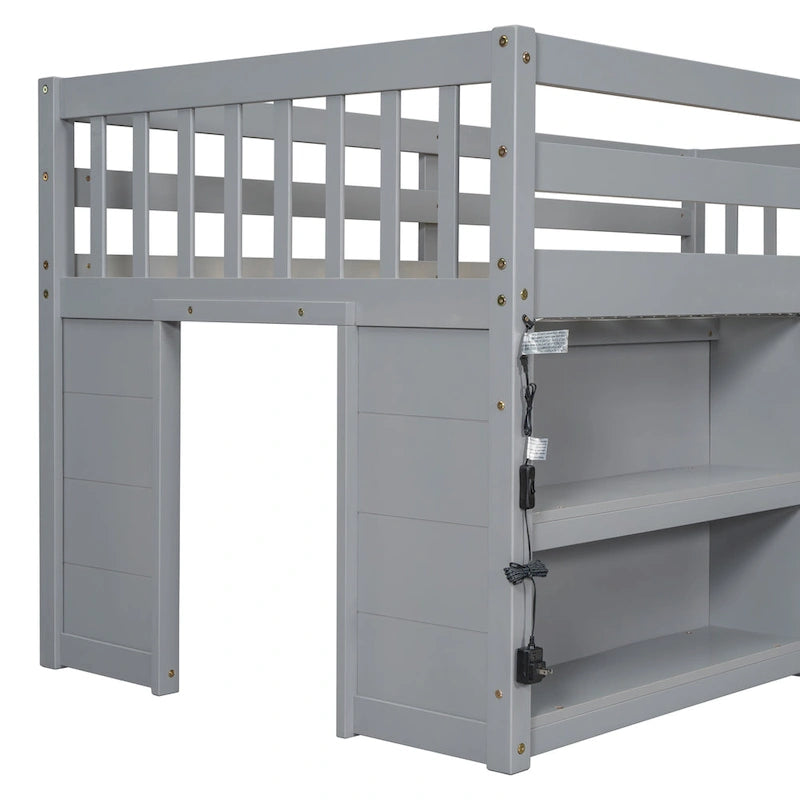 Grey Twin Size Wood Low Loft Bed with Shelves and LED Light