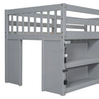 Grey Twin Size Wood Low Loft Bed with Shelves and LED Light