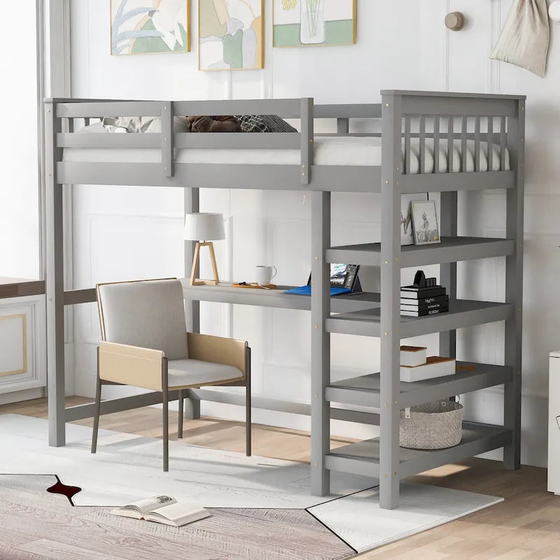Twin Solid Wood Loft Bed with Integrated Desk