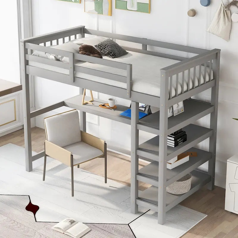 Twin Solid Wood Loft Bed with Integrated Desk