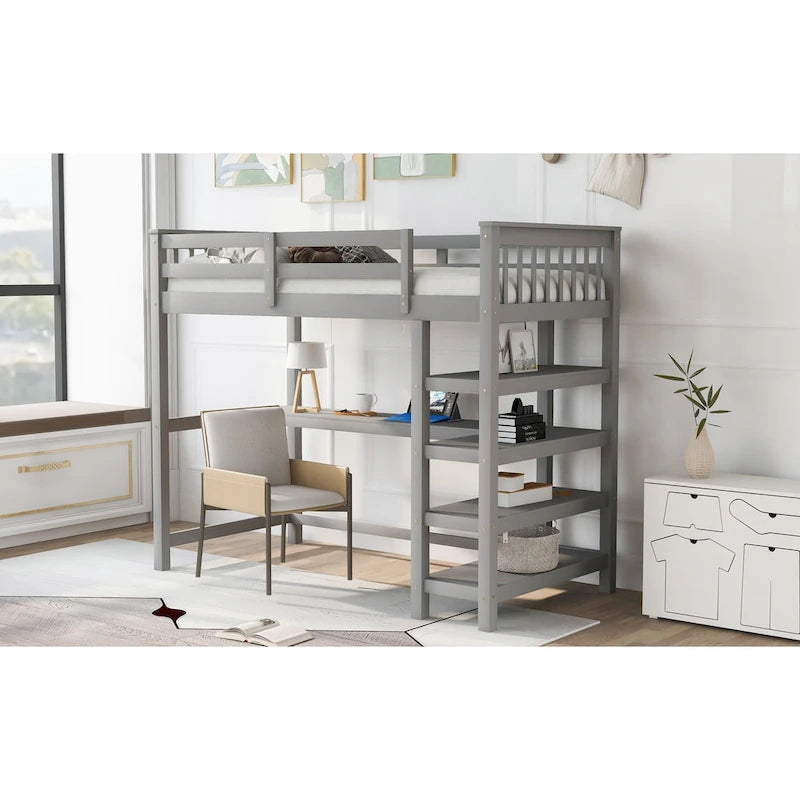 Twin Solid Wood Loft Bed with Integrated Desk