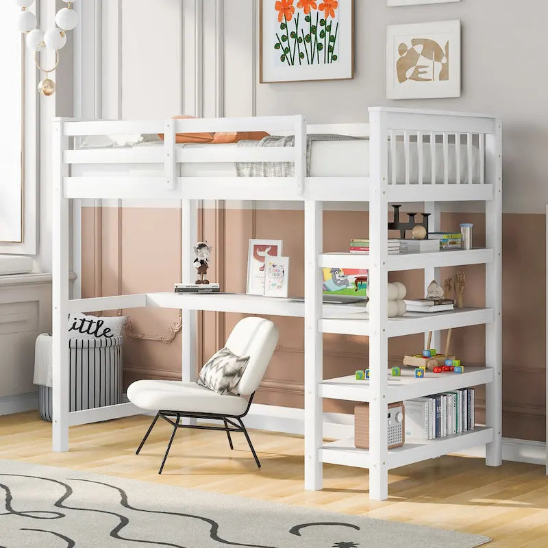 Twin Solid Wood Loft Bed with Integrated Desk