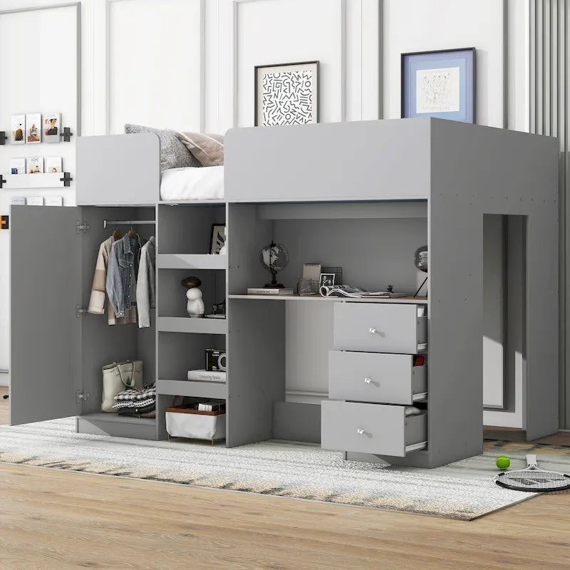 Full Solid Wood Loft Bed with Wardrobe & Desk