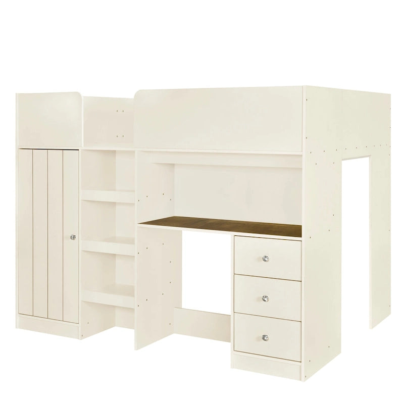 Full Solid Wood Loft Bed with Wardrobe & Desk