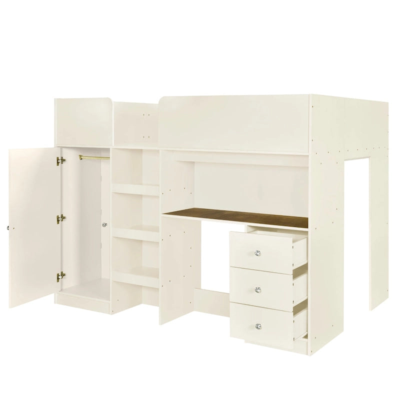 Full Solid Wood Loft Bed with Wardrobe & Desk