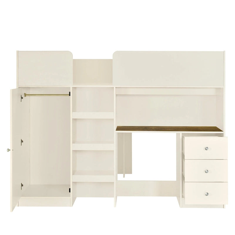 Full Solid Wood Loft Bed with Wardrobe & Desk