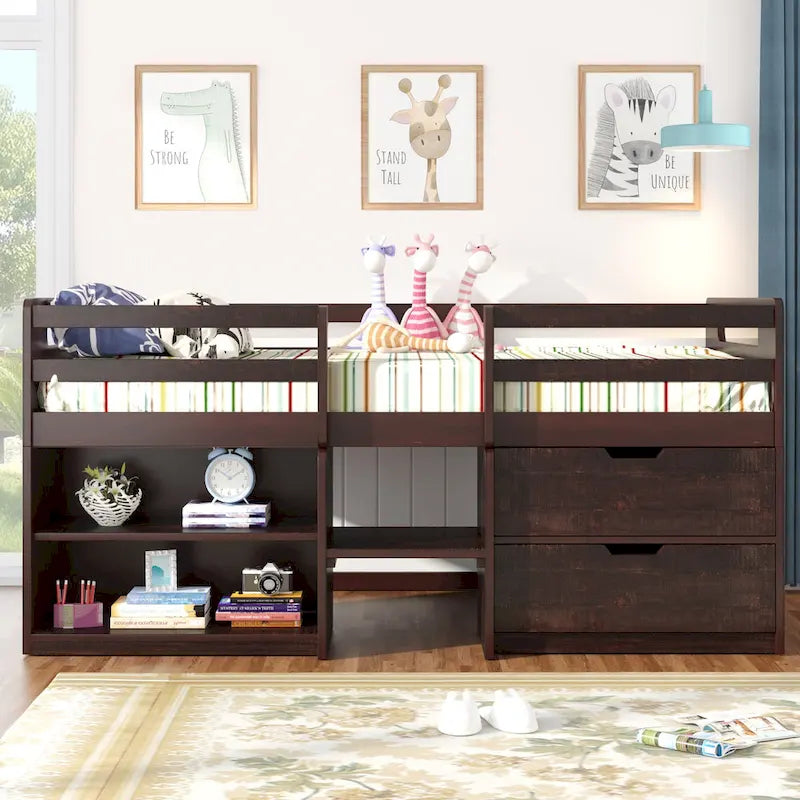 Twin Solid Pine Loft Bed with Shelves, Drawers, and Guardrail