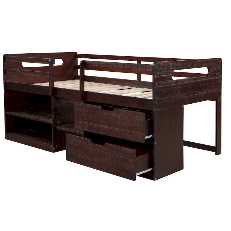 Twin Solid Pine Loft Bed with Shelves, Drawers, and Guardrail