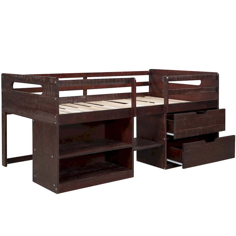 Twin Solid Pine Loft Bed with Shelves, Drawers, and Guardrail