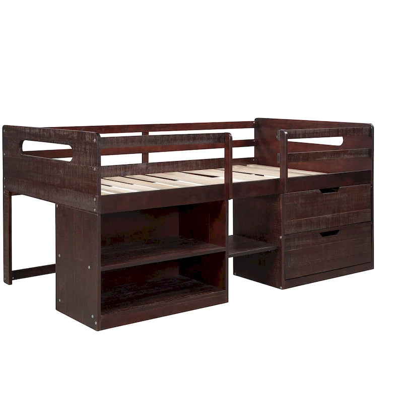 Twin Solid Pine Loft Bed with Shelves, Drawers, and Guardrail