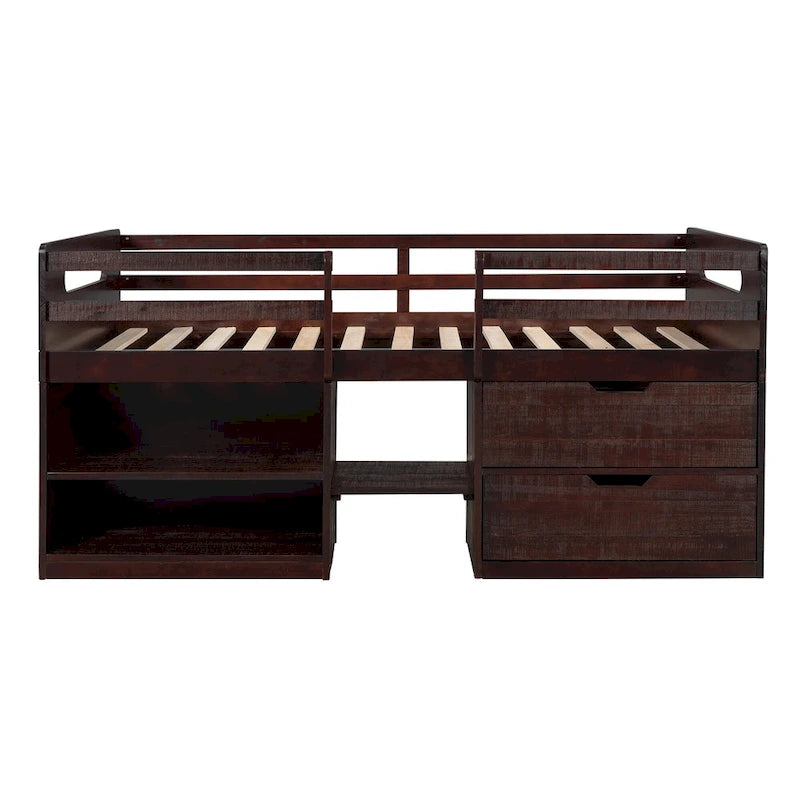 Twin Solid Pine Loft Bed with Shelves, Drawers, and Guardrail