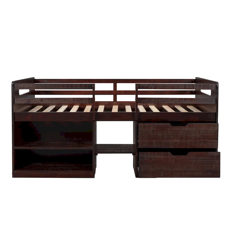 Twin Solid Pine Loft Bed with Shelves, Drawers, and Guardrail