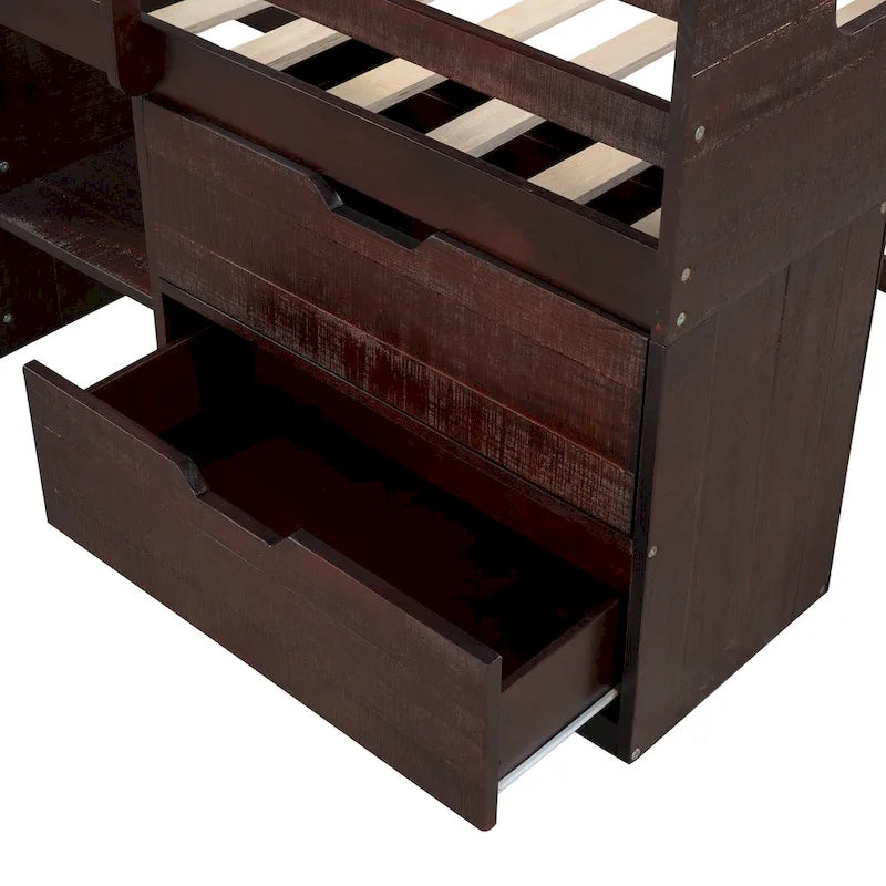 Twin Solid Pine Loft Bed with Shelves, Drawers, and Guardrail