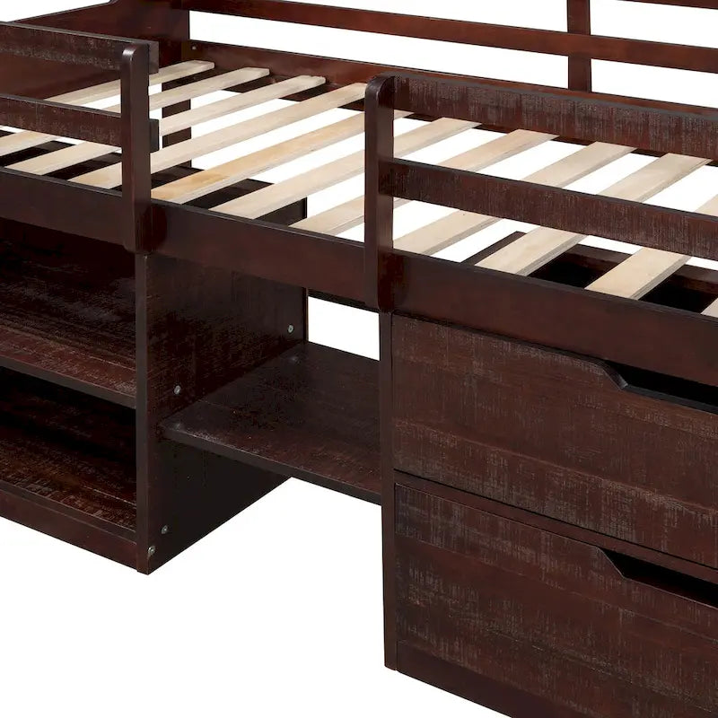 Twin Solid Pine Loft Bed with Shelves, Drawers, and Guardrail