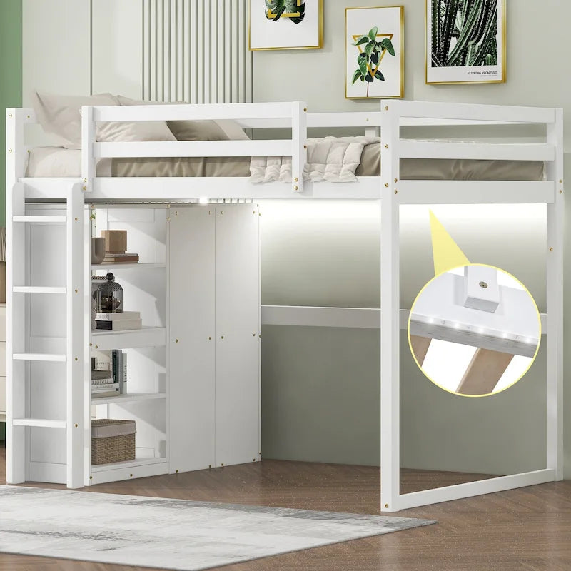 Full Wood Loft Bed with Wardrobe & Storage Shelves