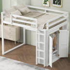Full Wood Loft Bed with Wardrobe & Storage Shelves