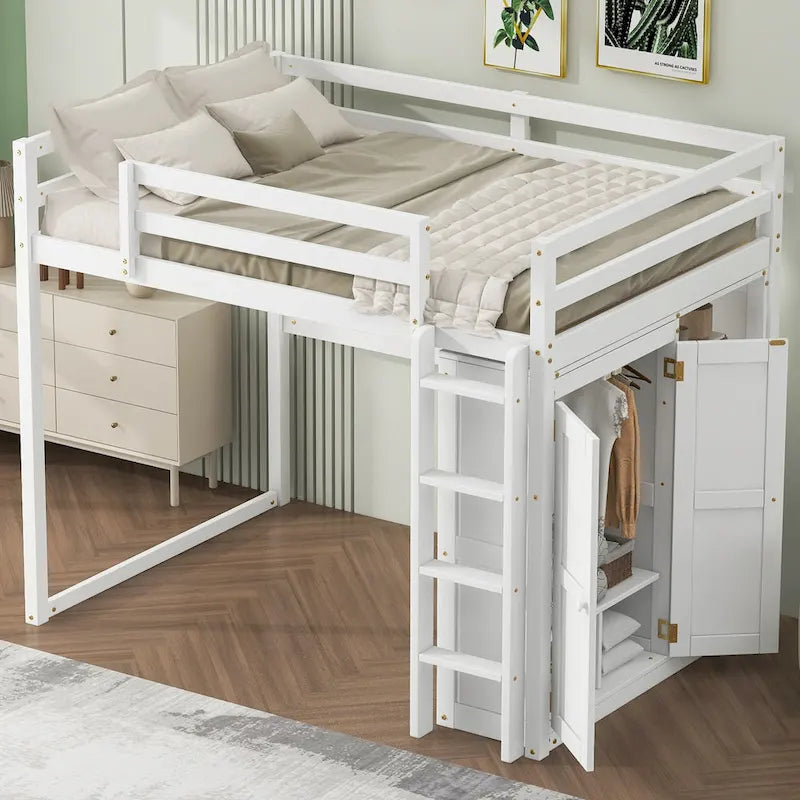 Full Wood Loft Bed with Wardrobe & Storage Shelves
