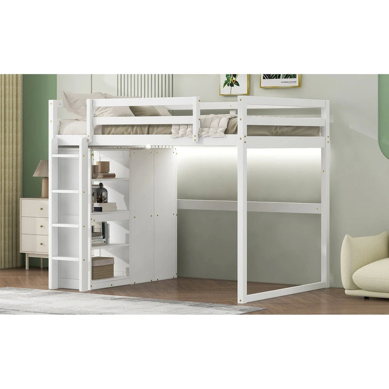 Full Wood Loft Bed with Wardrobe & Storage Shelves