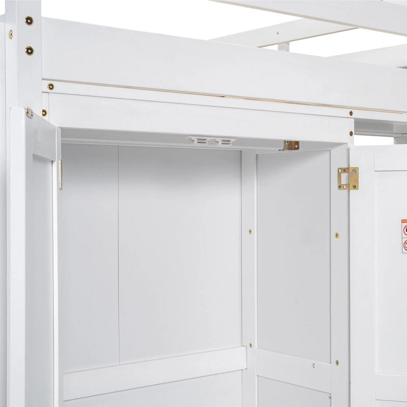 Full Wood Loft Bed with Wardrobe & Storage Shelves