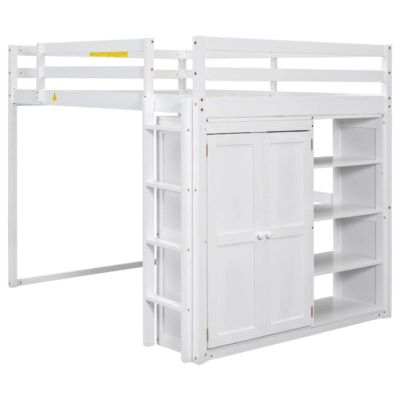 Full Wood Loft Bed with Wardrobe & Storage Shelves