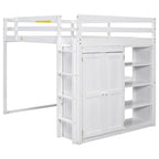 Full Wood Loft Bed with Wardrobe & Storage Shelves