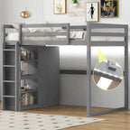 Full Wood Loft Bed with Wardrobe & Storage Shelves