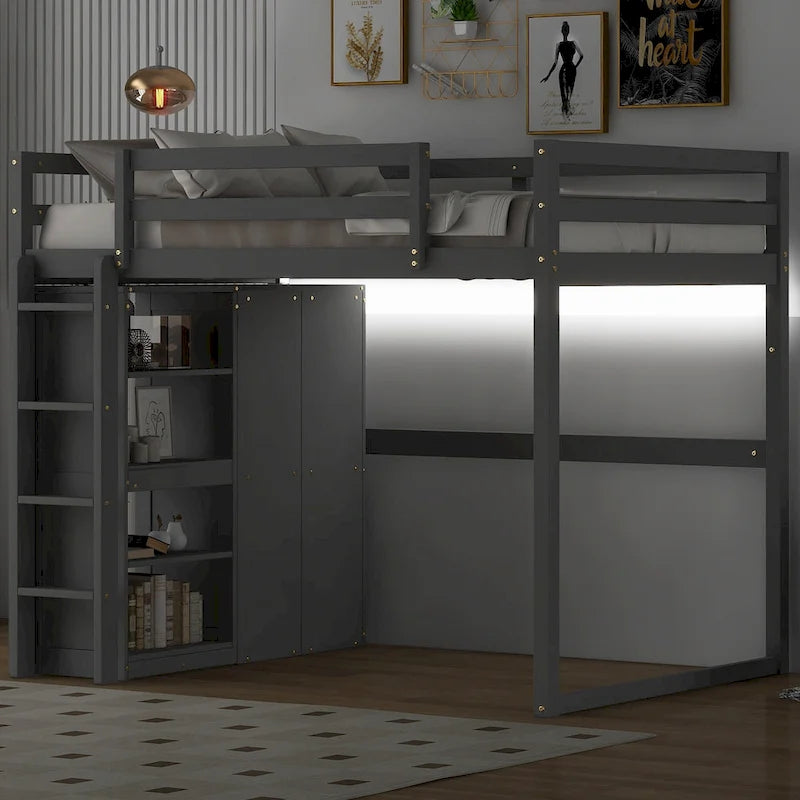 Full Wood Loft Bed with Wardrobe & Storage Shelves