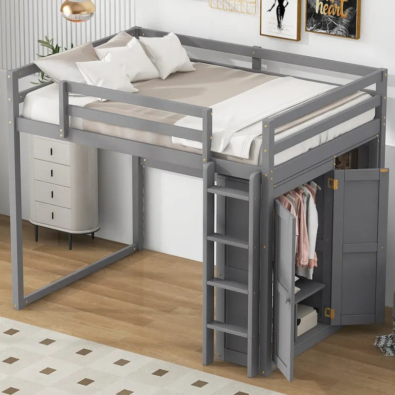 Full Wood Loft Bed with Wardrobe & Storage Shelves