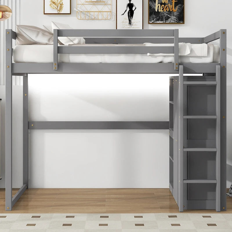 Full Wood Loft Bed with Wardrobe & Storage Shelves