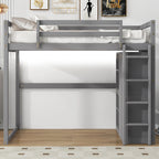 Full Wood Loft Bed with Wardrobe & Storage Shelves