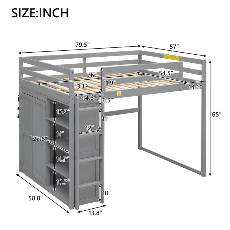 Full Wood Loft Bed with Wardrobe & Storage Shelves