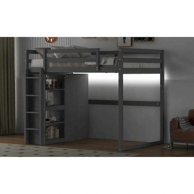 Full Wood Loft Bed with Wardrobe & Storage Shelves