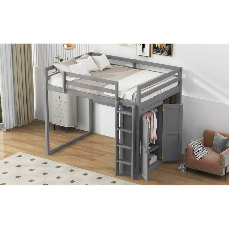 Full Wood Loft Bed with Wardrobe & Storage Shelves