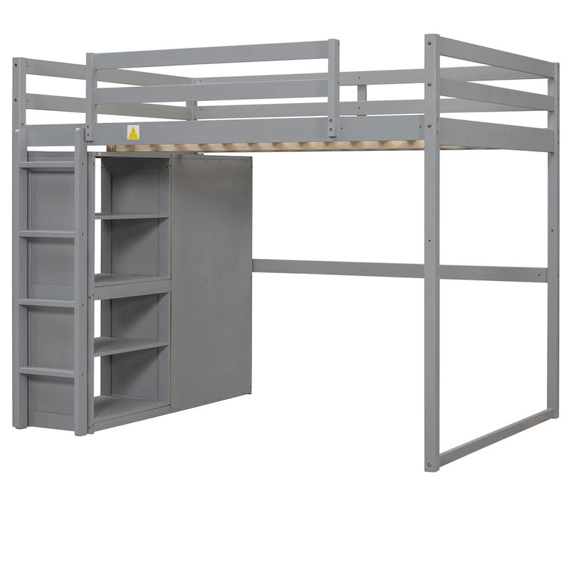 Full Wood Loft Bed with Wardrobe & Storage Shelves