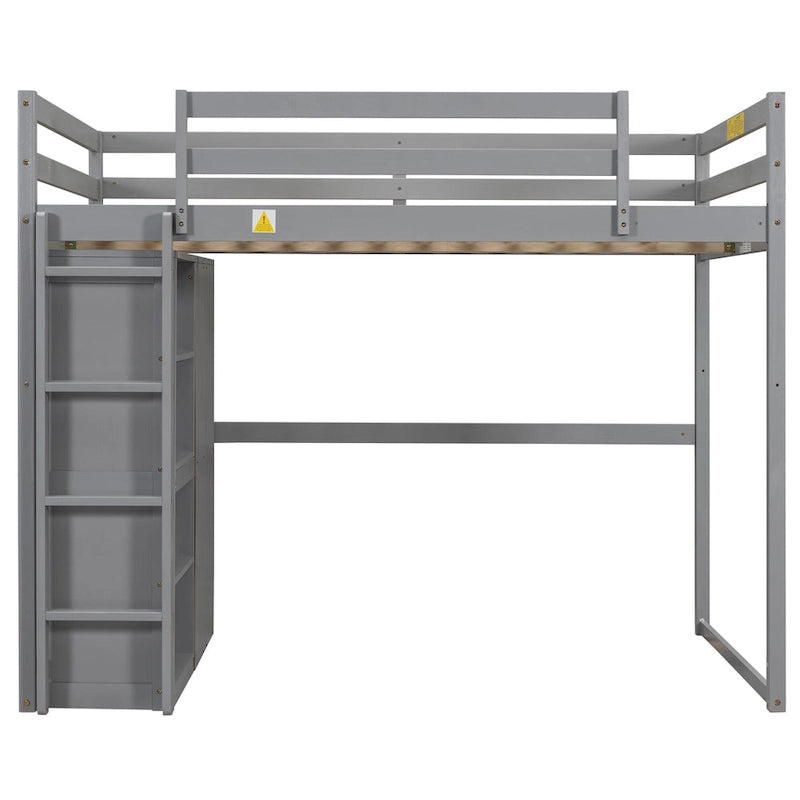 Full Wood Loft Bed with Wardrobe & Storage Shelves