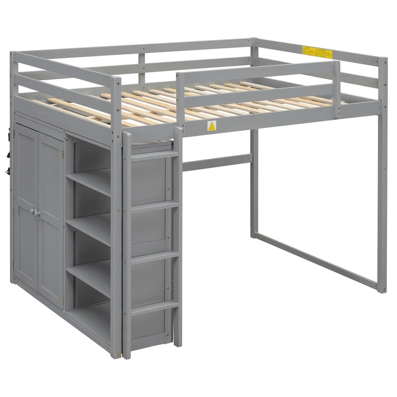 Full Wood Loft Bed with Wardrobe & Storage Shelves