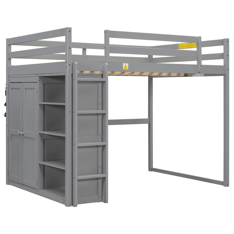 Full Wood Loft Bed with Wardrobe & Storage Shelves