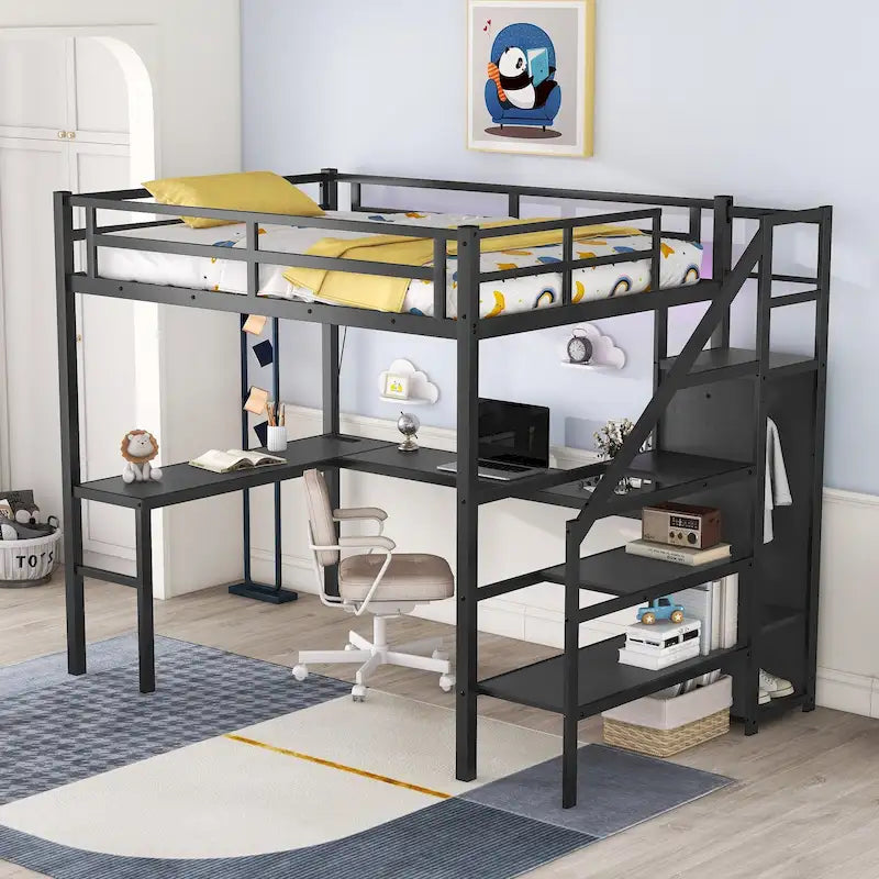 Full Size Metal Loft Bed with L-shaped Desk, LED, and Wardrobe