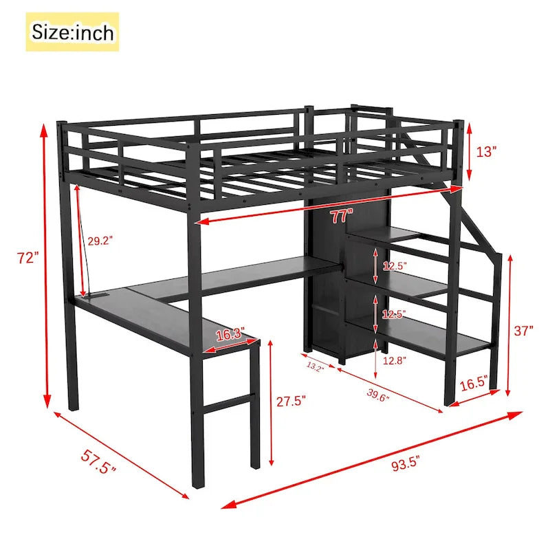 Full Size Metal Loft Bed with L-shaped Desk, LED, and Wardrobe