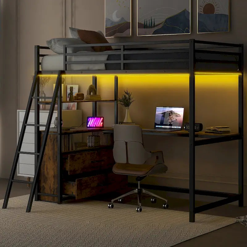 Twin Metal Wood Loft Bed with Desk & LED Light