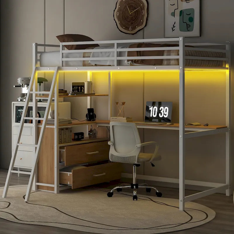 Twin Metal Wood Loft Bed with Desk & LED Light