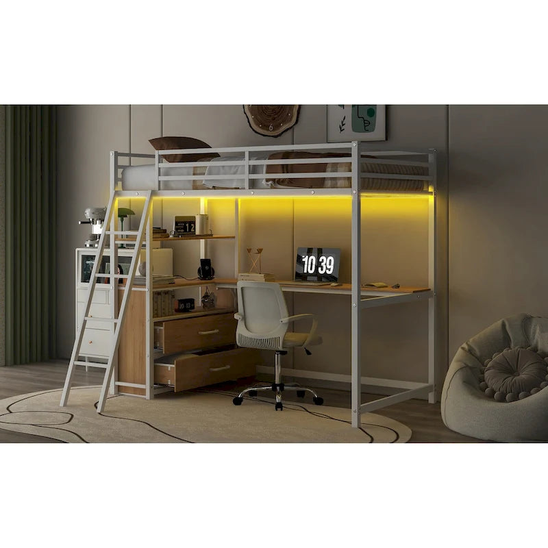 Twin Metal Wood Loft Bed with Desk & LED Light