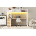Twin Metal Wood Loft Bed with Desk & LED Light
